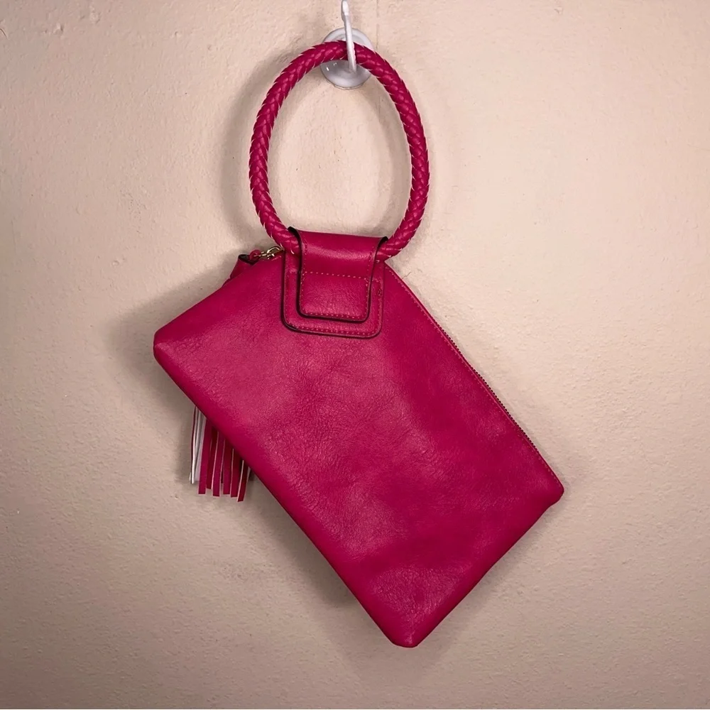 Fuchsia Pink Clutch Purse Tassel Faux Leather Bag Round Handle Zip Closure
